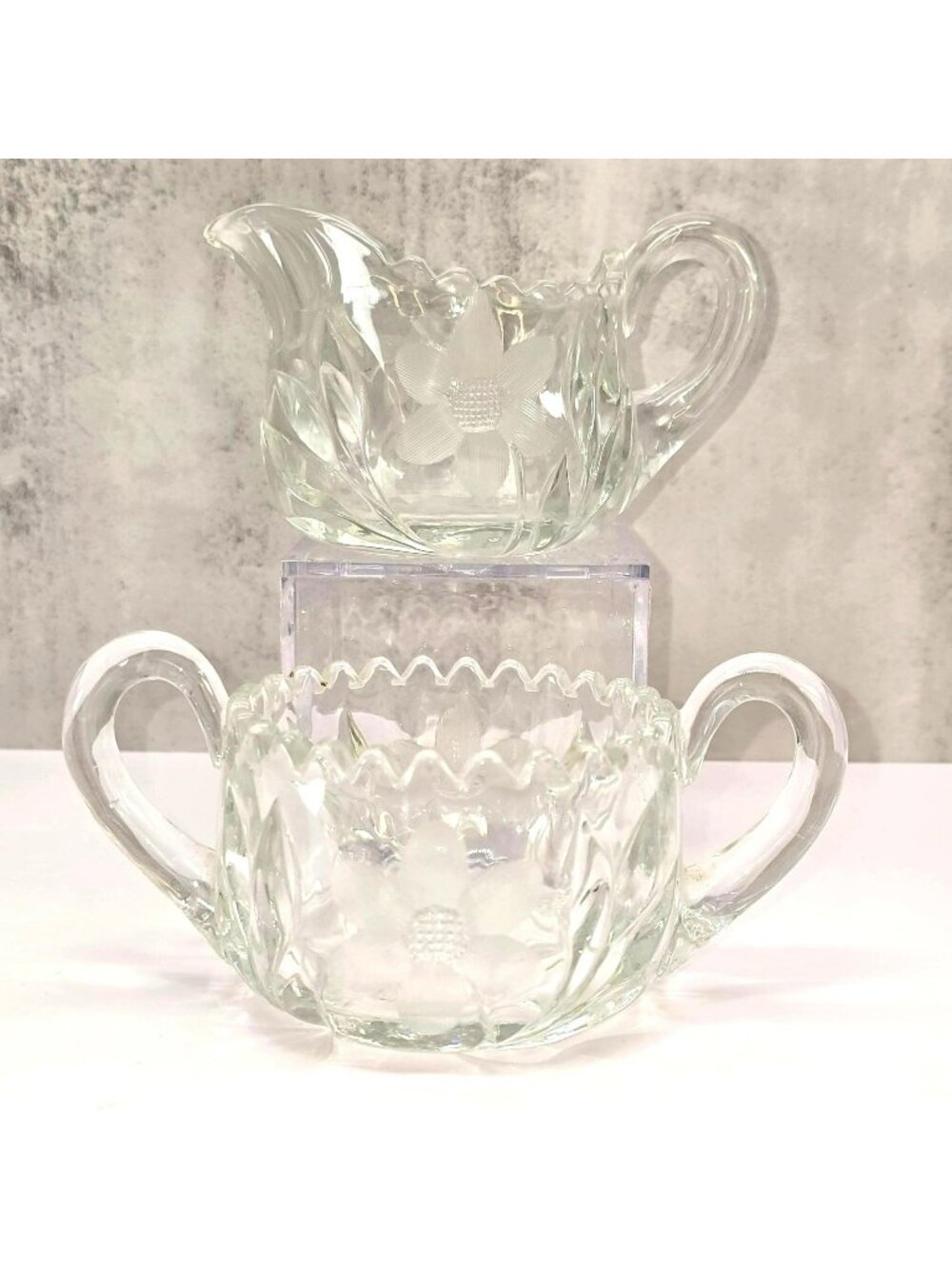 Vintage Glass Creamer & Sugar Bowl Set With Floral Etching Star Base VL5076